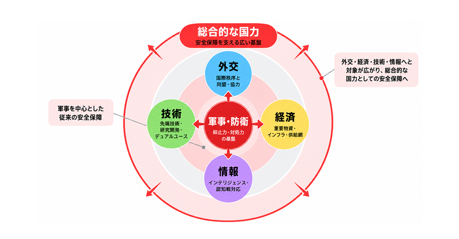 軍事中心の安全保障から、外交・経済・技術・情報を含む「総合的な国力」へと対象が広がった