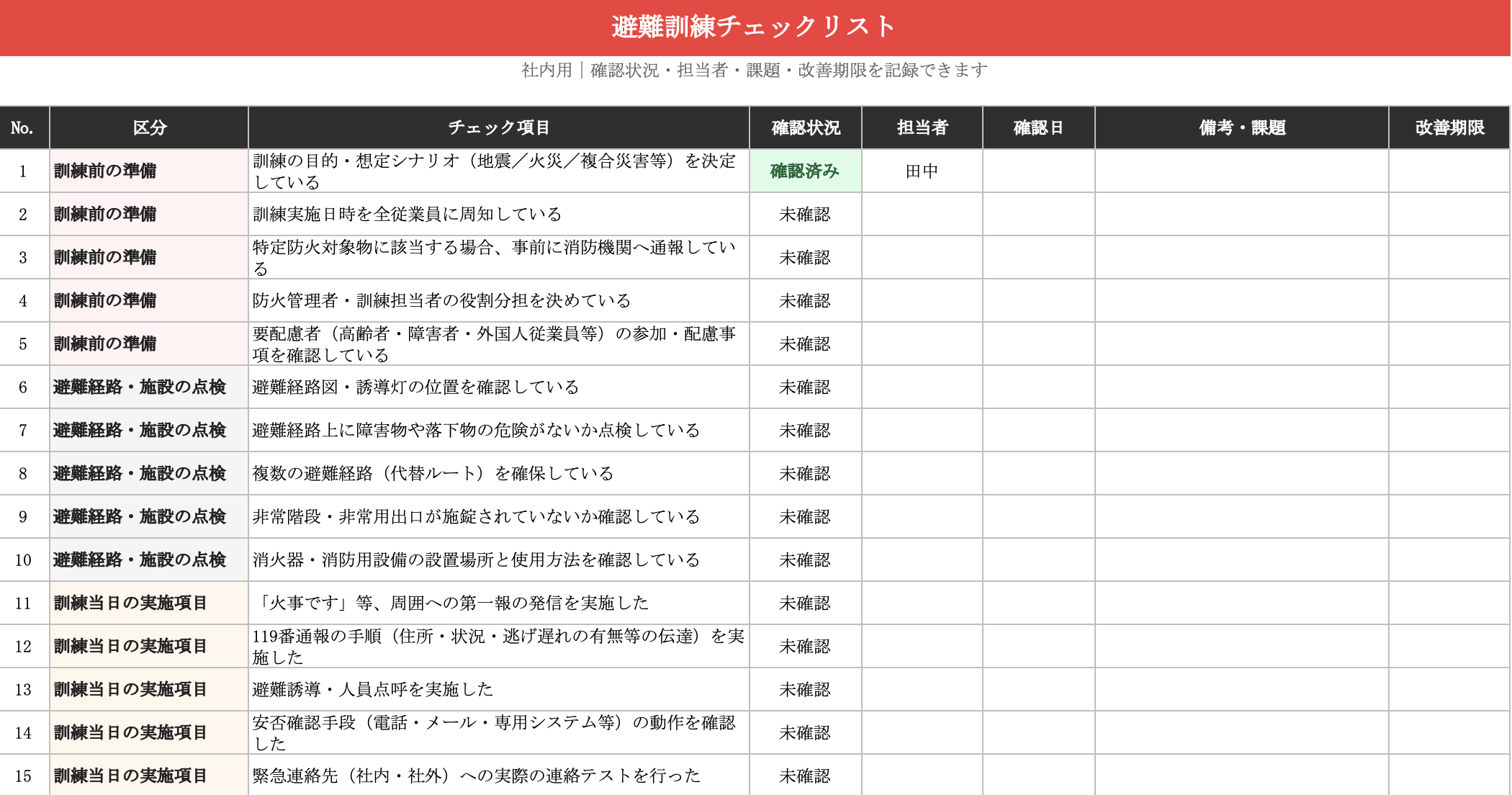 避難訓練チェックリスト Excel